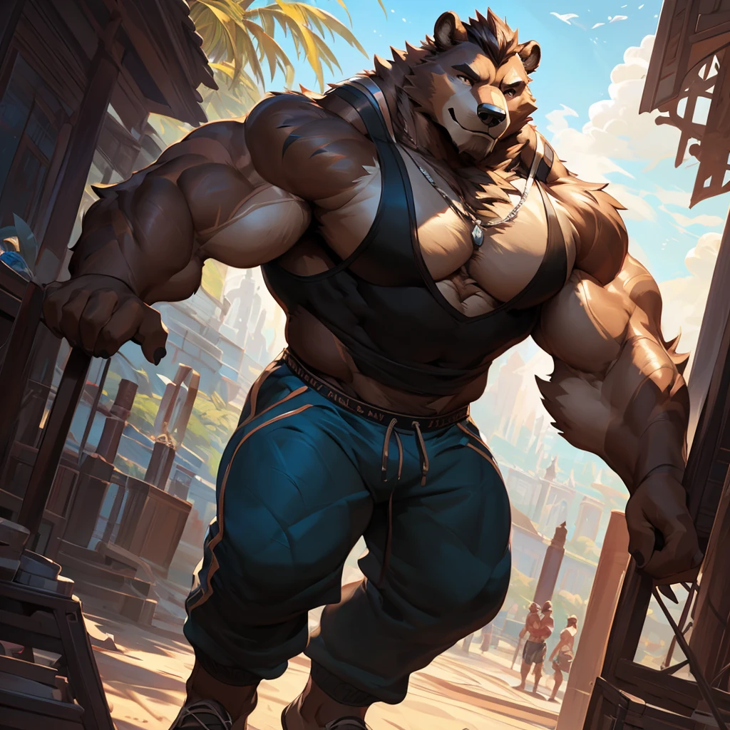 4k, ,8K, A high resolution, best quality, perfect colors, perfect shadows, perfect lighting, posted on e621, (by Chunie, by canyne khai, by t.y.starale), male, furry, Grizzly Bear anthro, Lou Ferrigno, solo, eyes, (Realistic eye details 1.2), beach, wearing tank top, wearing jogger sweatpants, Full body like, Huge Muscular body, Thick body, dramatic lighting, soft lighting, day, highly detail, Hair coiled, delight, Standing up position, cool pose charm, Abstract beauty, centre, Looking at the camera, Facing the camera, nearing perfection, Dynamic, highly detailed, illustration, (Realistic background), ((Bonifasko lighting)), (Detailed eyes), perfect pupils, detail eyes, detail Brown fur, (seductive face:1.2), fit body, Looking at the camera,, fit body, perfect male figure, Detailed fur, Detailed face, Perfect face, Detailed background, (Complex), (Super Detail), (Ultra Clear), (Best Quality)