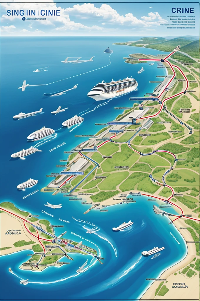 Generates an image of a map showing an airplane, suitcases and cruise