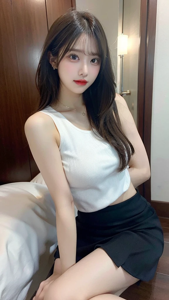 Beautiful body, Beautiful face, big breasts,  long hair, Short topic, mini skirt