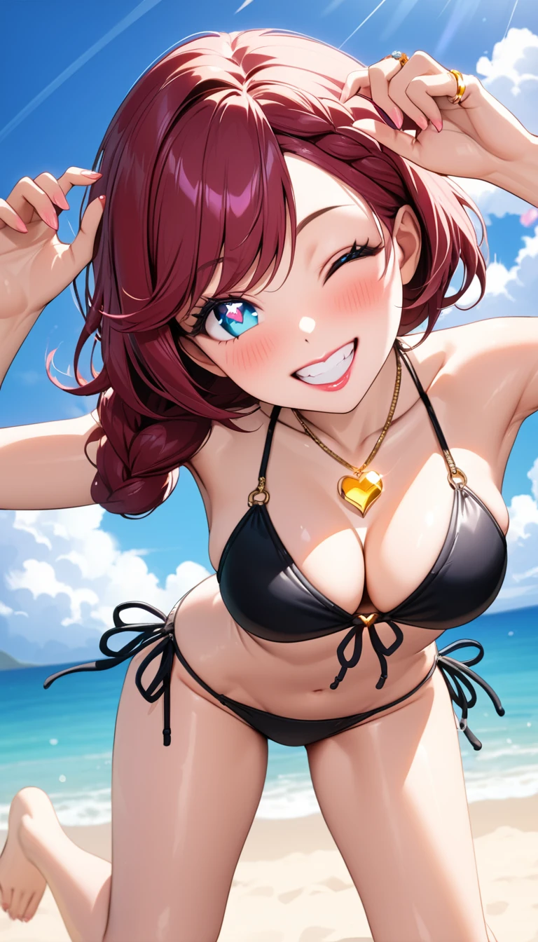 (masterpiece, very aesthetic:1.4), best quality, ultra-detailed, highly detailed, Accurate, 
BREAK 
full body, 1 beautiful girl, 18yo, (small face), beautiful detailed face, narrow waist, The beauty and danger of growing from a girl to an adult, A symbol of miraculous beauty, Graceful posture, sensual, bewitching woman,  cleavage, curvy, (medium breasts), (burgundy hair, bright hair, A long single braid hair, Swept bangs:1.5), 
BREAK 
(aqua blue eyes, black oblong pupils:1.2), (slant eyes, glass-like sparkling eyes are blurry and dreamy, beautiful detailed eyes, sparkling eyes, long delicate eyelashes, Meticulous Eyelash Details), 
BREAK 
(black bikini, side-tie bikini bottom:1.4), 
sunny afternoon,  beach blue sky, white cloud, Soft sunlight that induces afternoon drowsiness, 
BREAK 
(hot gaze, heart-shaped lips, beautiful detailed lips, Glossy, Open Mouth), (1 tiny golden heart-shaped ring pendant:1.2), (grin, on eye closed, wink:1.2),  big laugh, acrobatic pose, (jumping:1.3),