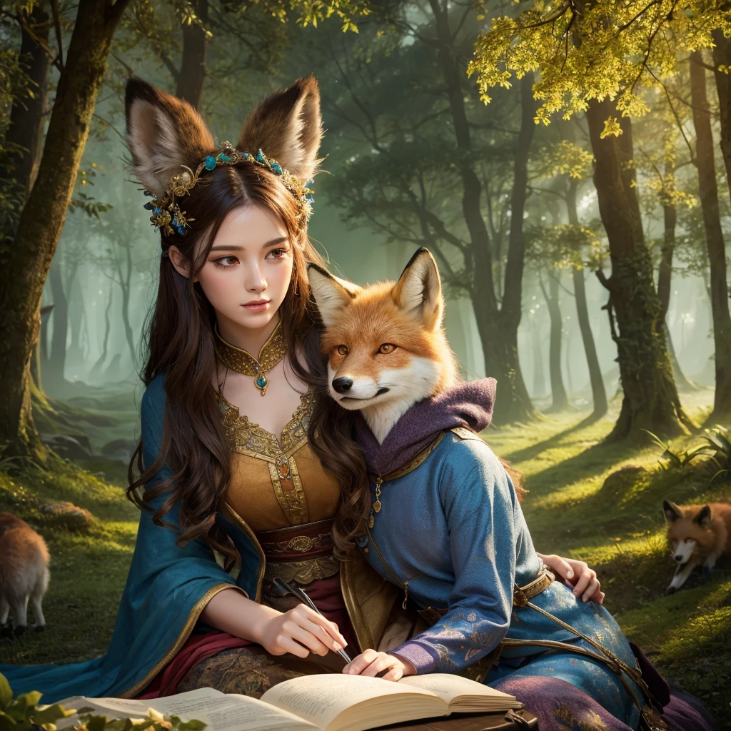 girl in ancient beasts coat,sitting with giant fox,fantasy,1girl,photorealistic,4k,8k,highres,masterpiece:1.2,ultra-detailed,realistic,photo-realistic:1.37,intricate details,beautiful detailed eyes,beautiful detailed lips,extremely detailed eyes and face,long eyelashes,cinematic lighting,glowing eyes,vibrant colors,magical atmosphere,detailed background,mystical forest scene