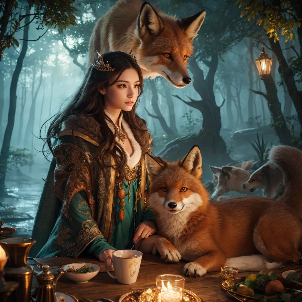 girl in ancient beasts coat,sitting with giant fox,fantasy,1girl,photorealistic,4k,8k,highres,masterpiece:1.2,ultra-detailed,realistic,photo-realistic:1.37,intricate details,beautiful detailed eyes,beautiful detailed lips,extremely detailed eyes and face,long eyelashes,cinematic lighting,glowing eyes,vibrant colors,magical atmosphere,detailed background,mystical forest scene