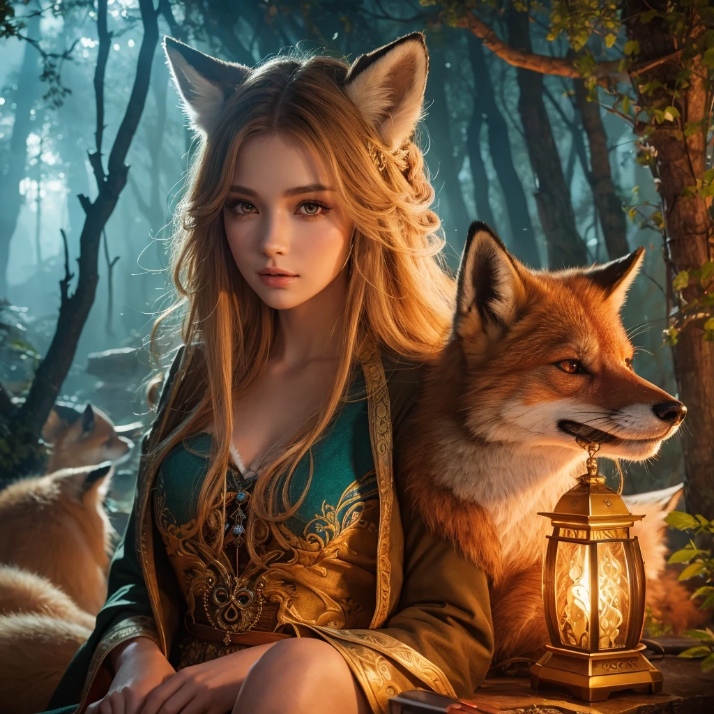 girl in ancient beasts coat,sitting with giant fox,fantasy,1girl,photorealistic,4k,8k,highres,masterpiece:1.2,ultra-detailed,realistic,photo-realistic:1.37,intricate details,beautiful detailed eyes,beautiful detailed lips,extremely detailed eyes and face,long eyelashes,cinematic lighting,glowing eyes,vibrant colors,magical atmosphere,detailed background,mystical forest scene