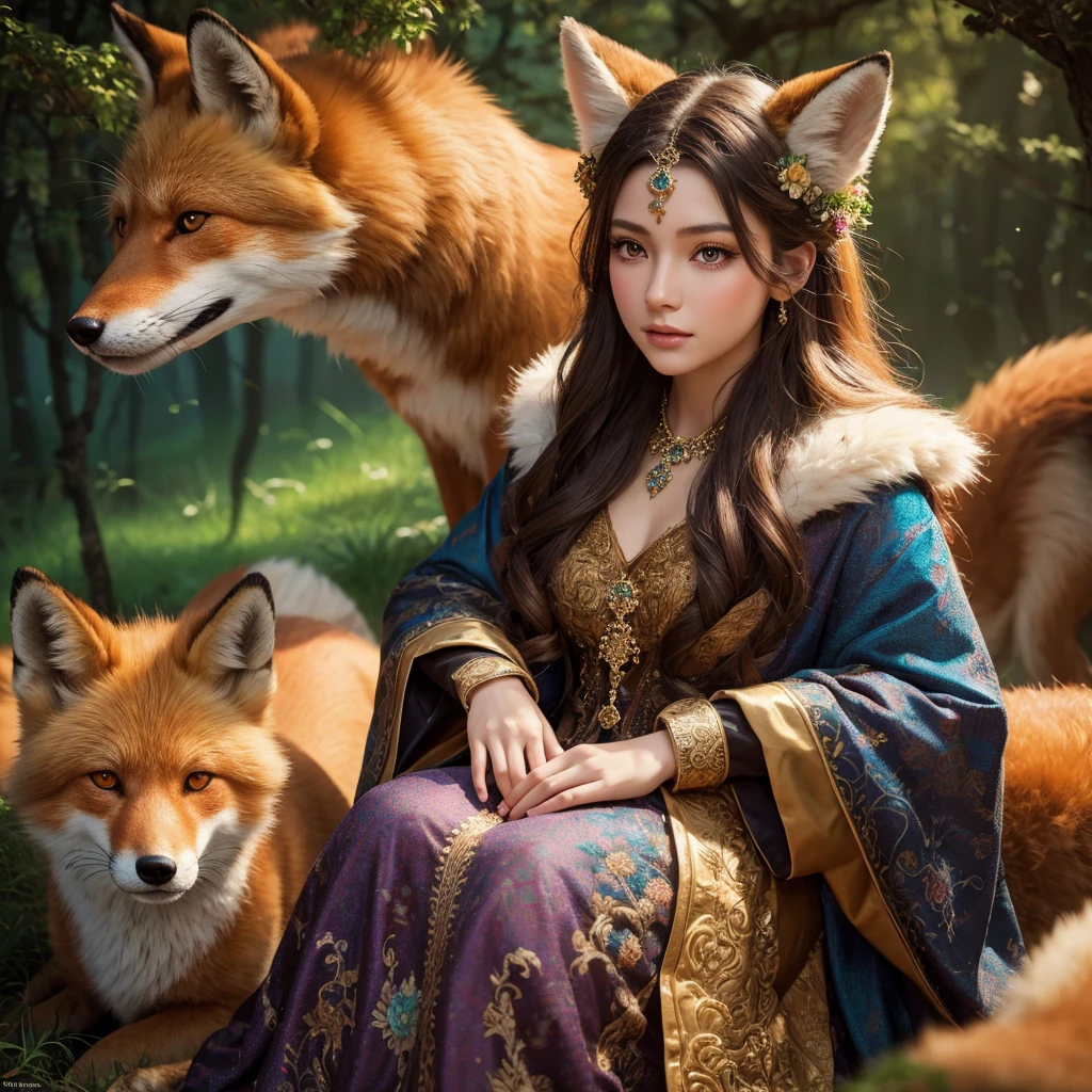 girl in ancient beasts coat,sitting with giant fox,fantasy,1girl,photorealistic,4k,8k,highres,masterpiece:1.2,ultra-detailed,realistic,photo-realistic:1.37,intricate details,beautiful detailed eyes,beautiful detailed lips,extremely detailed eyes and face,long eyelashes,cinematic lighting,glowing eyes,vibrant colors,magical atmosphere,detailed background,mystical forest scene