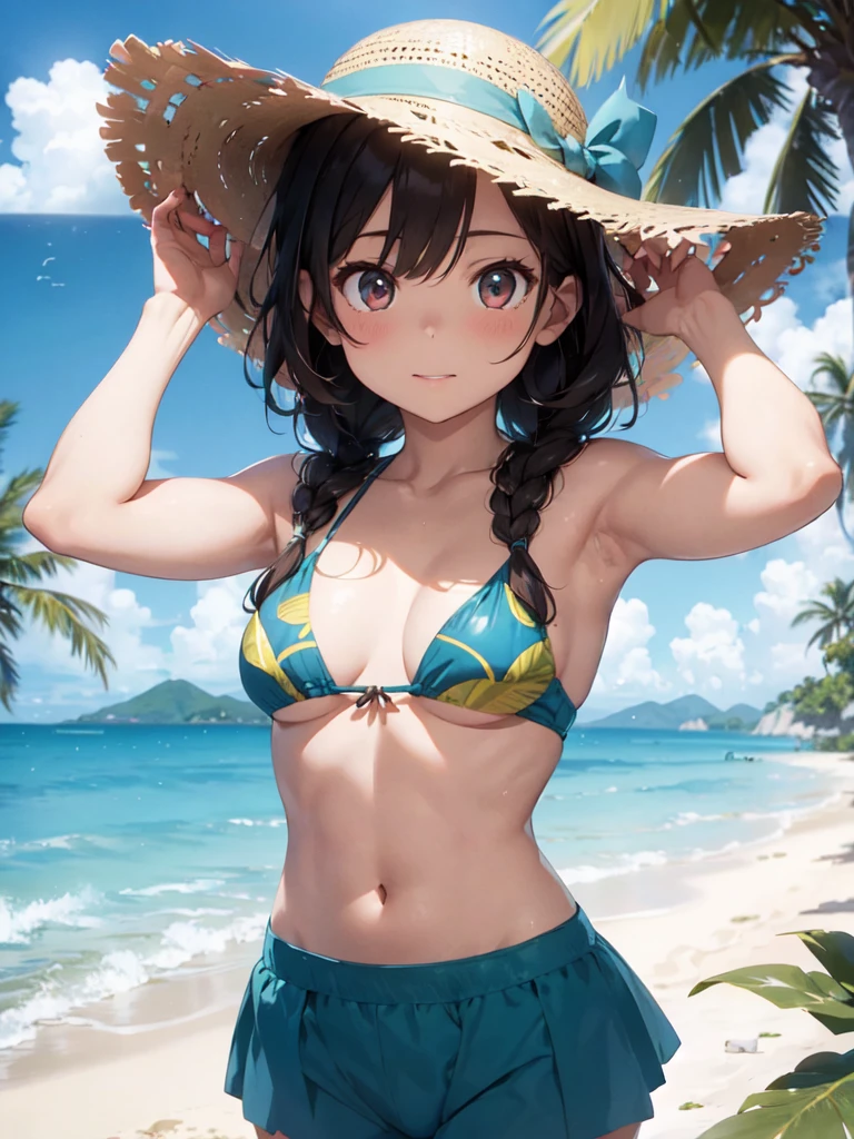 film photography, 1girl , (((whole body ))) , dynamic pose
Character: tropical island explorer
Style: exotic adventure
Extraordinary Feature: connects with the heart of tropical landscapes
Action: Posing on a pristine beach, surrounded by lush palm trees
Hair: Tied in a loose braid to keep cool in the summer breeze
Hair Color: Sun-kissed brown with natural highlights
Eyes: Vibrant blue with the tranquility of the ocean
Clothing: lightweight explorer's attire with tropical patterns, sun hat
Background: idyllic sandy beach with turquoise waters and clear skies, medium breast, full body, (realistic detailed eyes, natural skin texture, realistic face details), finely detailed, hyperrealistic