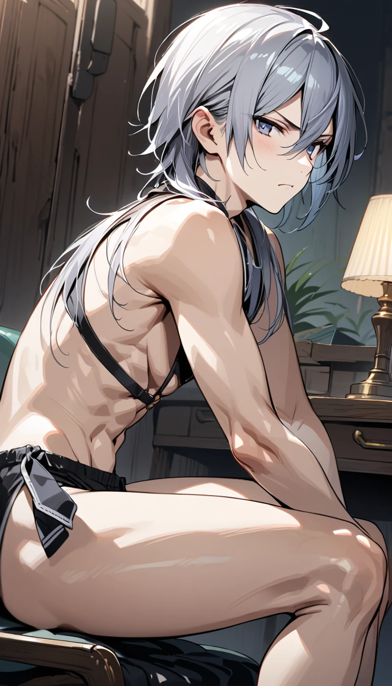 absurdres, highres, ultra detailed, super fine illustration, best quality, 1boy, perfect anatomy, male focus, solo, (dark-skinned:0.8) male, silver hair, long hair, black bikini, bare shoulders, bare arms, bare legs, <lora:_L2090:-0.6> <lora:flat:-0.2>