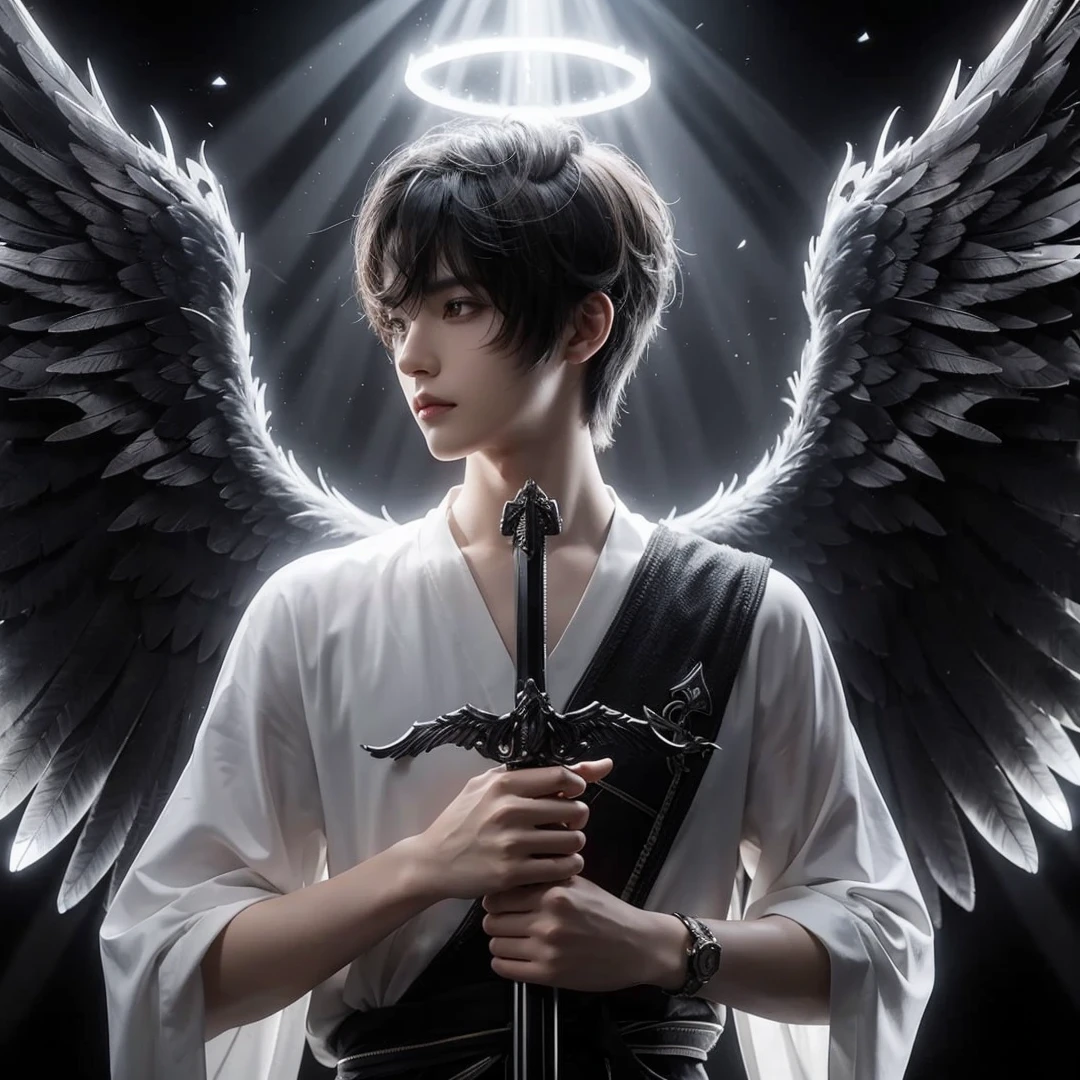 Handsome boy, black hair, brown eyes, white halo, black and white suit, black wings, holding black sword