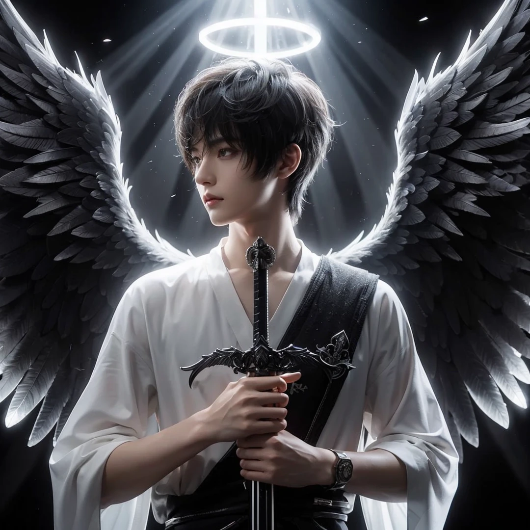Handsome boy, black hair, brown eyes, white halo, black and white suit, black wings, holding black sword