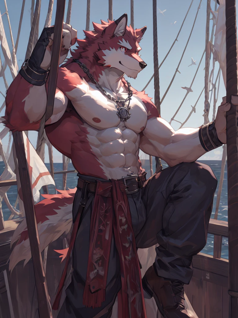 Best quality, vivid color, professional, diederich olsen (/knights college/), wolf, kemono, nj5furry, Red Fur, Red eyes, Medium Muscular Body, Solo, A sailor, On the mast, on the ship, see far, ocean waves, Hands for looking out, topless, smile, Fierce eyes, detailed eyes, detailed shadow, full body,