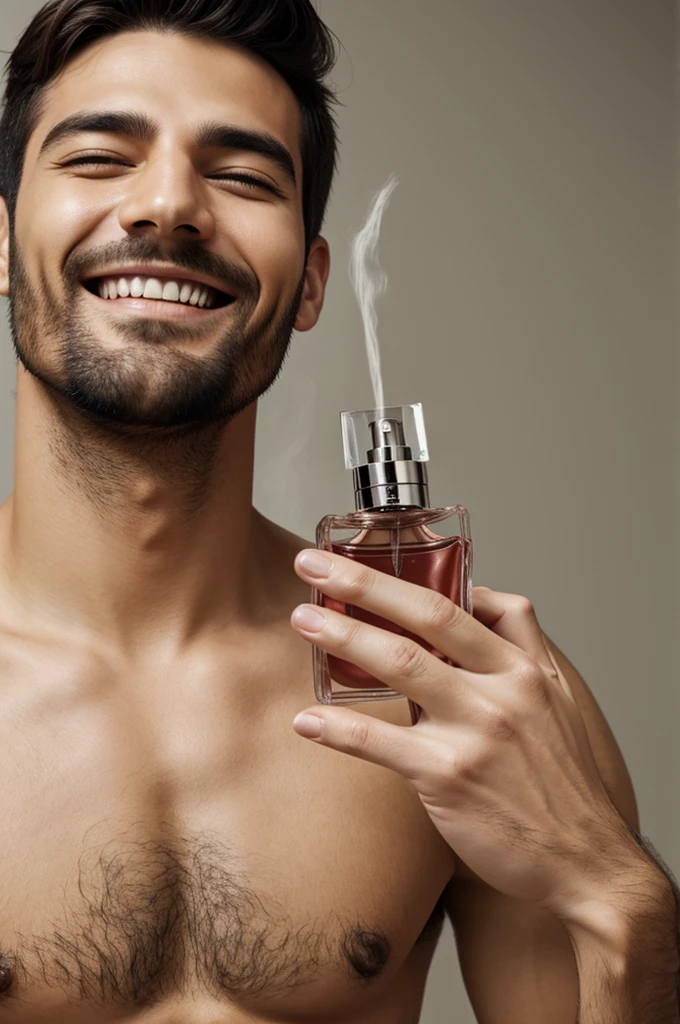 Man spraying happily a perfume on himself