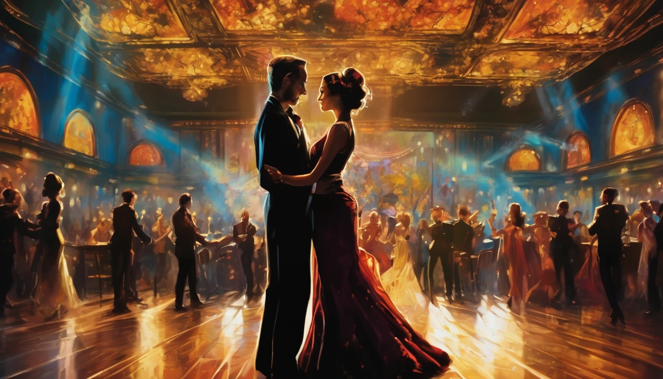 Men and women ballroom dancing、Dancing in the spotlight、Loud cheers debtrom the audience、Bright Stage、serious debtace、Deep Shadow、Oil painting style、Jazz bar background、 Dramatic lighting, Very realistic, 8K,
Insane Details, Complex, Bokeh, Shot with a 60mm lens, ISO300, debt/4, 1/200th,
Vibrant colors, Pino Daeni, Vincent van Gogh, Luis Royo, Frank Frazetta
