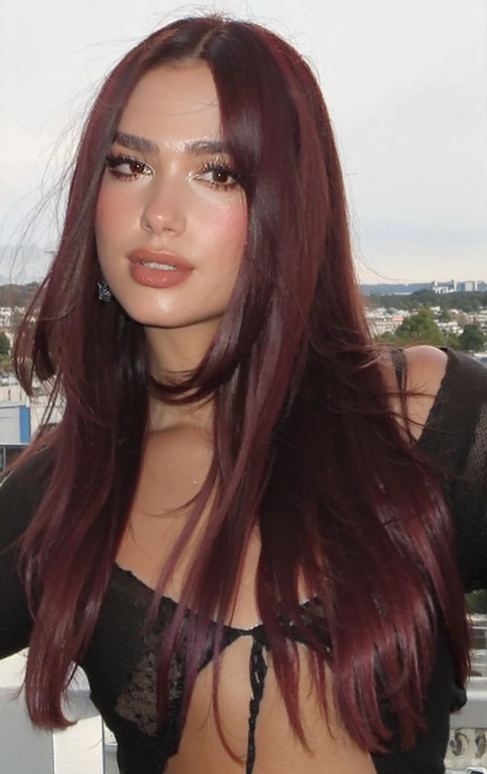 beautiful woman Dua Lipa 28 years skin details realístic dark Brown eyes Close up