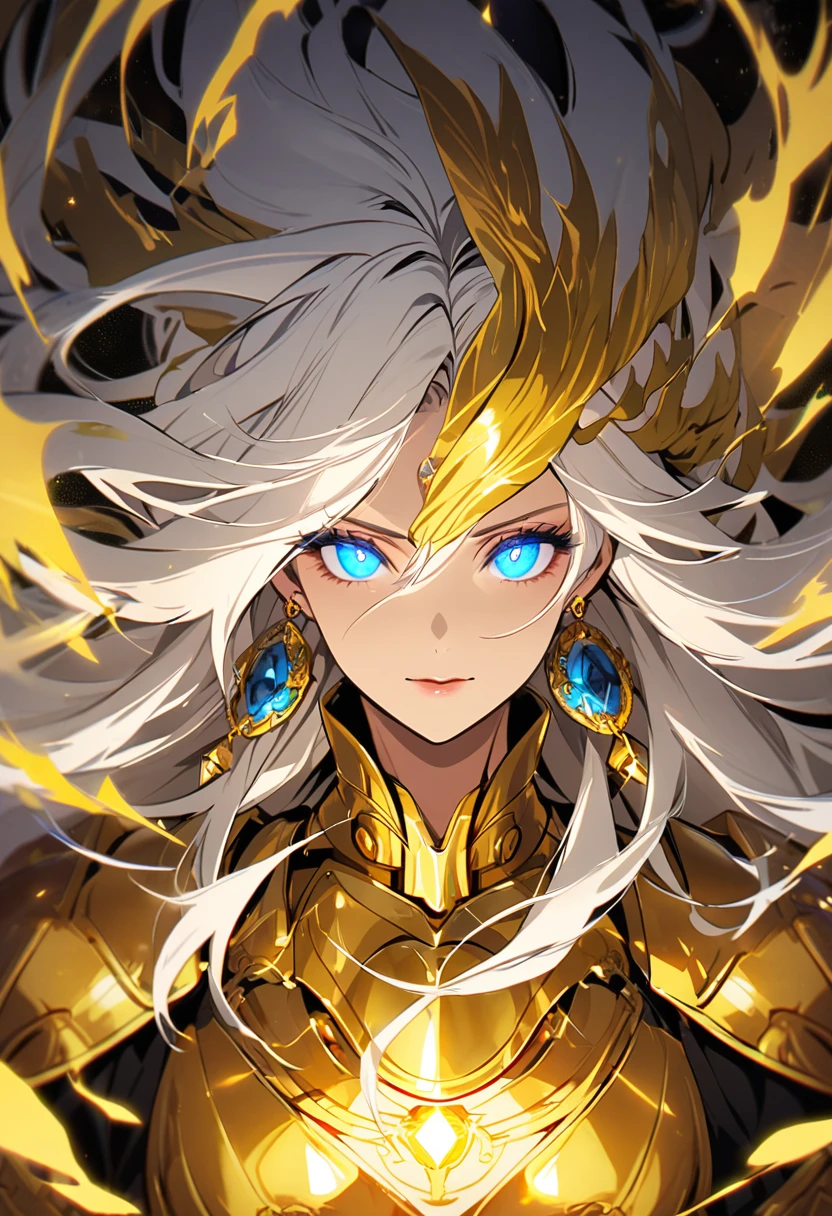woman, god, god eyes, blue eyes, glowing eyes, yellow aura, golden armor, windy hair, long hair, white hair, god , god eyes, diamond earings, cool face