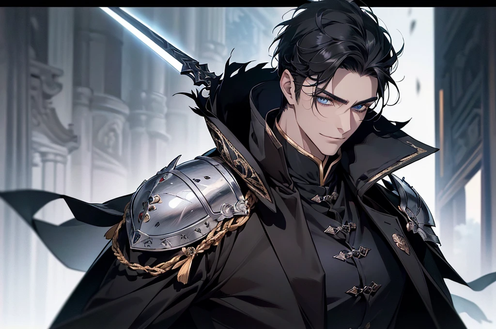 There was a knight up there., Masterpiece, Highest quality, war, cold weather, realistic, 1 person, mature man, A quiet and charming young man., 30 years old, Portrait, Highly detailed face, cool and smile, ((blue eyes)), ((black short hair)), [Thick eyebrows], holding a weapon (Crescent repeater),Lipo,Fang Tian Hua Ji, ((black long coat)), ((all black)), (blue eyes) ,Short Black Quiff Hair with Soft Fringe, handsome , muscle, Facial expressions, black knight armor((Black Armor) ,Fang Tian Hua Ji, black wool shawl(Masterpiece,best quality,special, (Broad shoulders)) (muscle), focus man,holding a spear to pierce the sky, His black spear rose.., . Describe the man.&#39;Appearance., Details of his sword, Characteristics and characteristics of monsters, and convey the tension and power of the encounter..."
