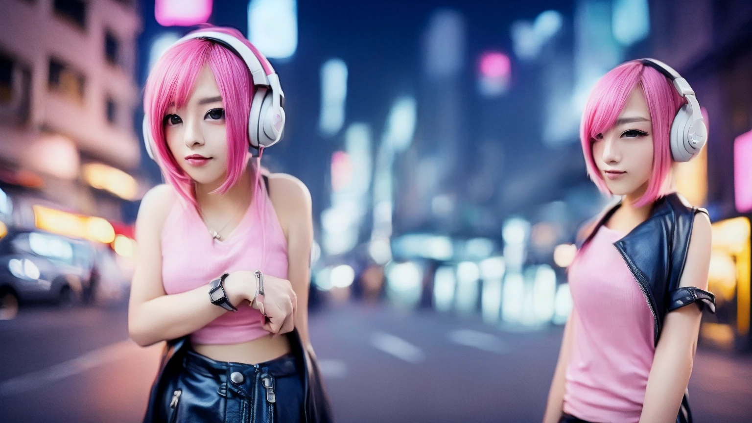 there is a woman Pink Hair wearing Headphones on a city street, Cute girl with short pink hair, Anime Style mixed with fujifilm, Anime Style. 8K, pink Headphones, girl wearing Headphones, Headphones, Anime Style 4 k, Pink Hair, Beeple&#39;s Style Hybrid Mix, Cyberpunk beautiful girl, Cyberpunk Anime Girl, with Headphones, Cyberpunk Style