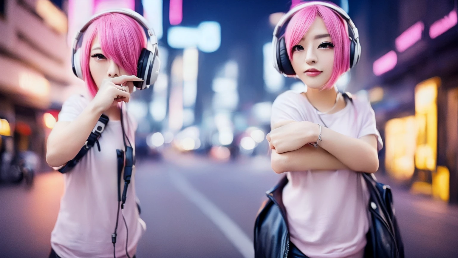 there is a woman Pink Hair wearing Headphones on a city street, Cute girl with short pink hair, Anime Style mixed with fujifilm, Anime Style. 8K, pink Headphones, girl wearing Headphones, Headphones, Anime Style 4 k, Pink Hair, Beeple&#39;s Style Hybrid Mix, Cyberpunk beautiful girl, Cyberpunk Anime Girl, with Headphones, Cyberpunk Style