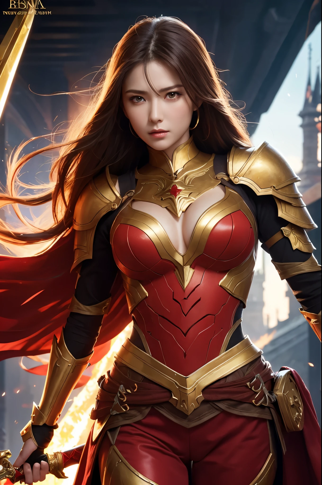 8K,Close-up of a French goddess holding a sacred sword, Gorgeous large chest armor, sexy超美人(Like the real thing)Goddess of War,Slender body,Muscular Beauty,Muscular woman,Sharp Eyes,He has a big and gorgeous holy sword.,Beautiful long red hair,Very strong and six-pack,sexy,Highly detailed artwork, Alexandra Fomina Art Station, 2. 5d cgi anime Fantasy artwork, Woman in red armor, Armor Girl, Fan Art Best Art Station, Amazing character art, Kschat Krentz Key Art Feminine, Ultra-high resolution,Luxury Red Large Mist Chest Armor,Luxury red combat pants,gorgeous red gauntlet,Luxury red shoulder pad,luxurious red waist armor,Fantasy art,Extremely strong and defined abs,Slim, muscular legs,Very large breasts,Fighting Pose,Dynamic pose with sword,shout,anger,anger,Golden Hair Ornament,French female goddess,Golden Eyes,Makeup,