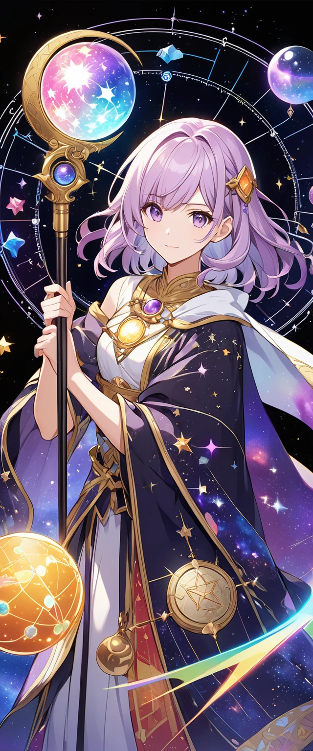 Beautiful Celestial Astrologer, Detailed key animation art, Official Anime Artwork,Girl with light purple hair holding crystal ball staff,Shoulder silver shawl cosmic astrology girl, Black background with astrological chart and colorful bright stars.