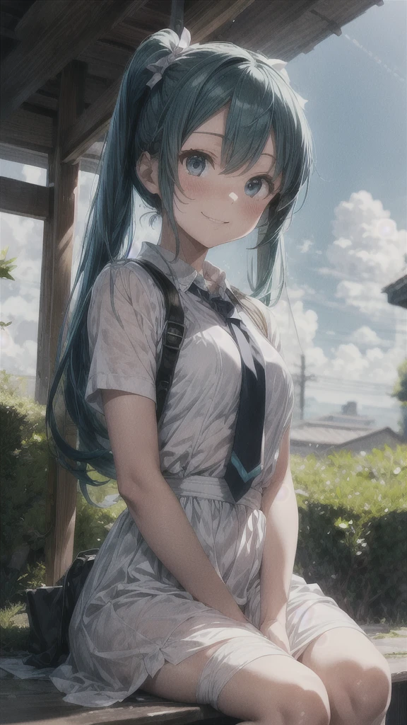 A sky filled with blue nature in the background, reminiscent of Makoto Shinkai。
Hatsune Miku is smiling and sitting in the distance。
She is wearing a white dress with a long skirt。
A girl who looks like a Minato Ward girl。