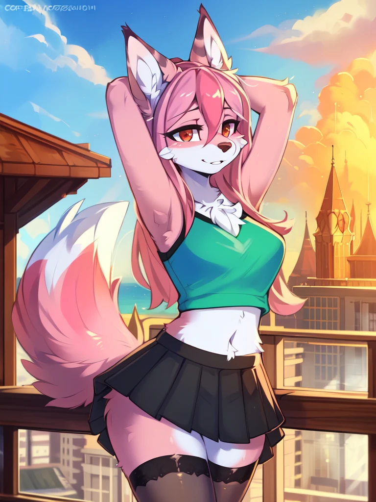 from Kenketa, Ross Tran, Ruan Jia, mumps, Foxovh, от zackary911, от Hyattlen, on a terrace, by Fumiko, от Pixelsketcher, by Bayard Wu, Thomas Benjamin Kennington, from Einshelm, from Kilina, by Coffeesoda, from Hyoshiru, from down-kevlar, от r-mk, by Dimwitdog, fluffy, Nazuna_hiwatasi, antro, Female, One, standing, mocking look, (half-closed eyes), pink hair, pink tail, (white for girls, blues skirt, high stockings), (Red eyes), olhos para trás, (enormes breasts, hips), (Fox), (hands above head), (pink body, two-tone fur), costas para o espectador, costas para o espectador, COSTAS PARA O ESPECTADOR!!!, olhando para trás 