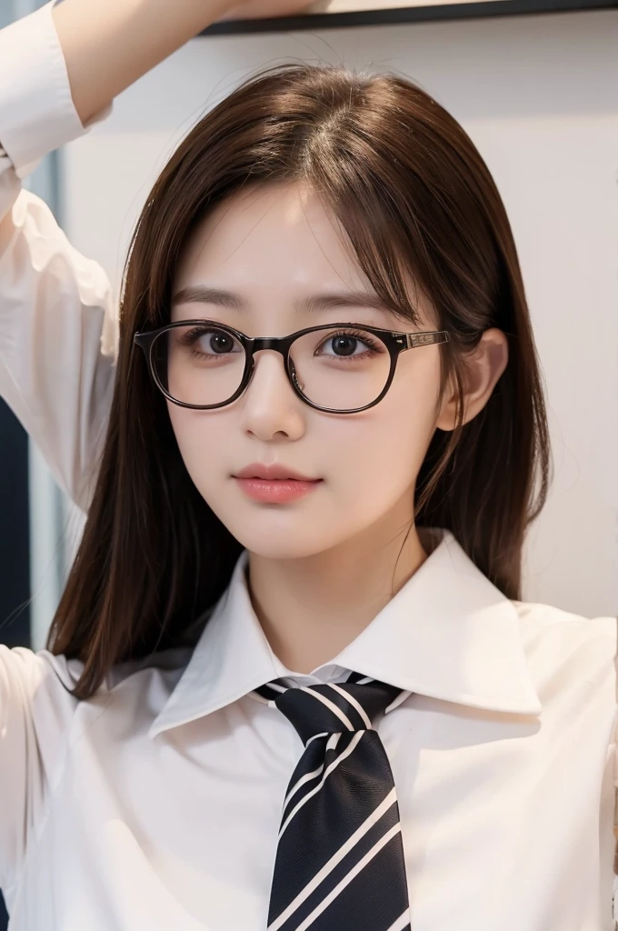1girl, masterpiece, high_quality, office_uniform, glasses, brown_hair, white_shirt, black_necktie