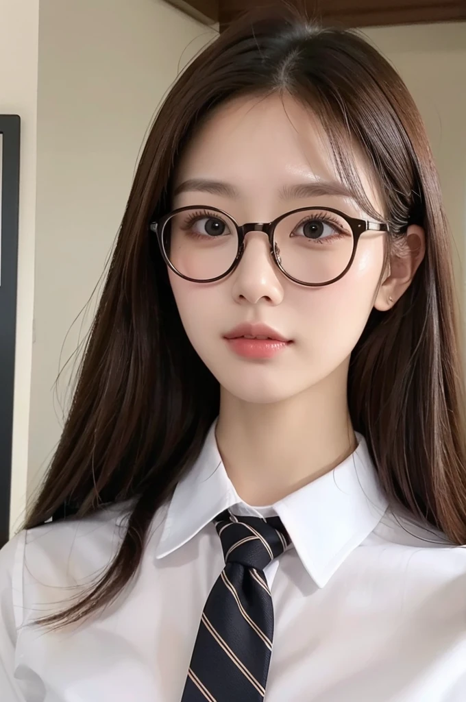 1girl, masterpiece, high_quality, office_uniform, glasses, brown_hair, white_shirt, black_necktie