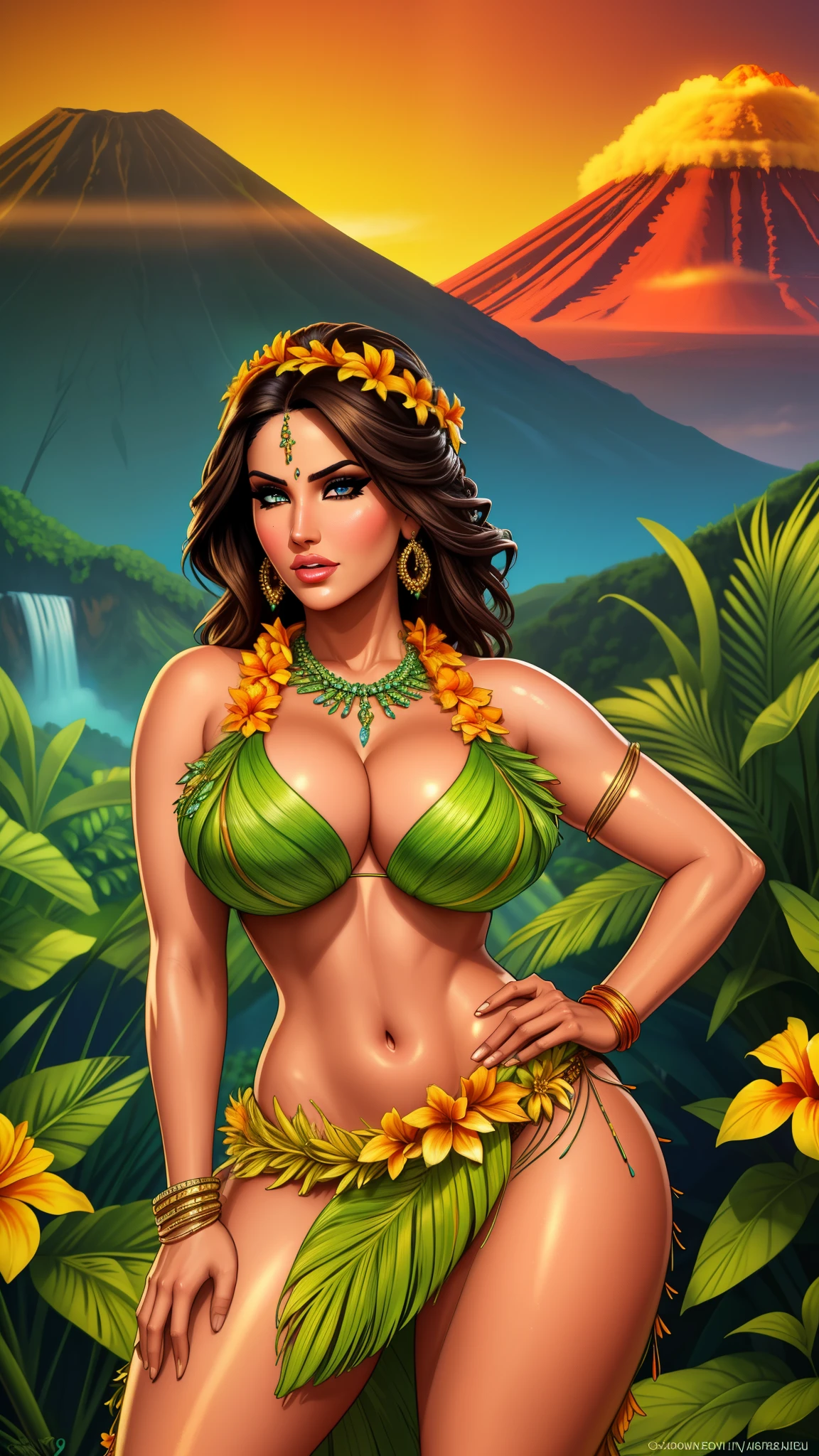 Carolyn Dunn, red hair, wearing a garland of flowers, girl wearing a lei, grass skirt, topless