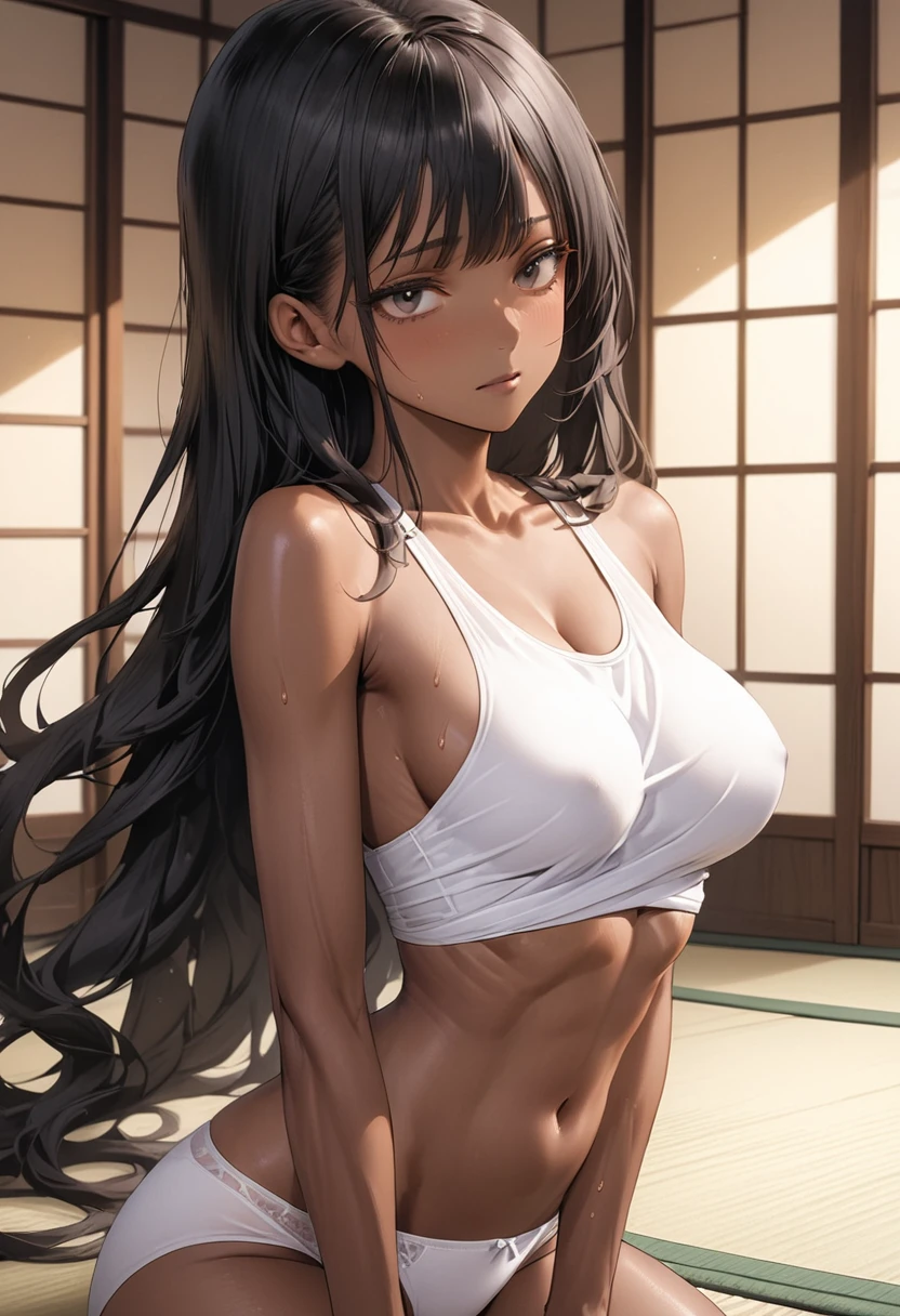 (masterpiece,Highest quality:1.3,best quality illustration),cowboy shot,1woman,(Mature Japan beauties)、black hair,long hair,bangs,black eyes,gorgeous eyes,((very small head:1.3)),shy,((very long body:1.2)),medium breasts,(tan skin, gleaming skin,toned body,slender body, skinny),sweat,(Wearing simple white underwear、navel),kneeling,Tatami floor、Japanese-style room,