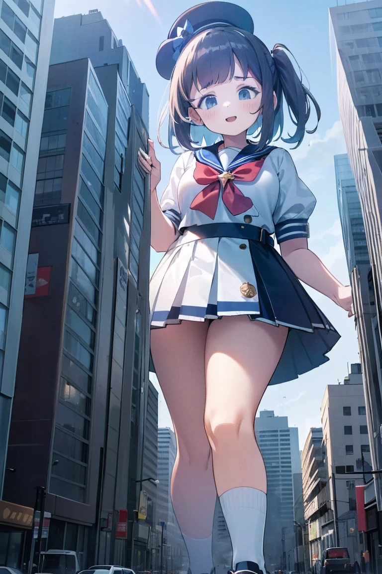 Big girl wearing sneakers,Girl taller than the building,Sailor Suit,Short skirt,White Socks,Girl raising legs high,Rubble-covered soles