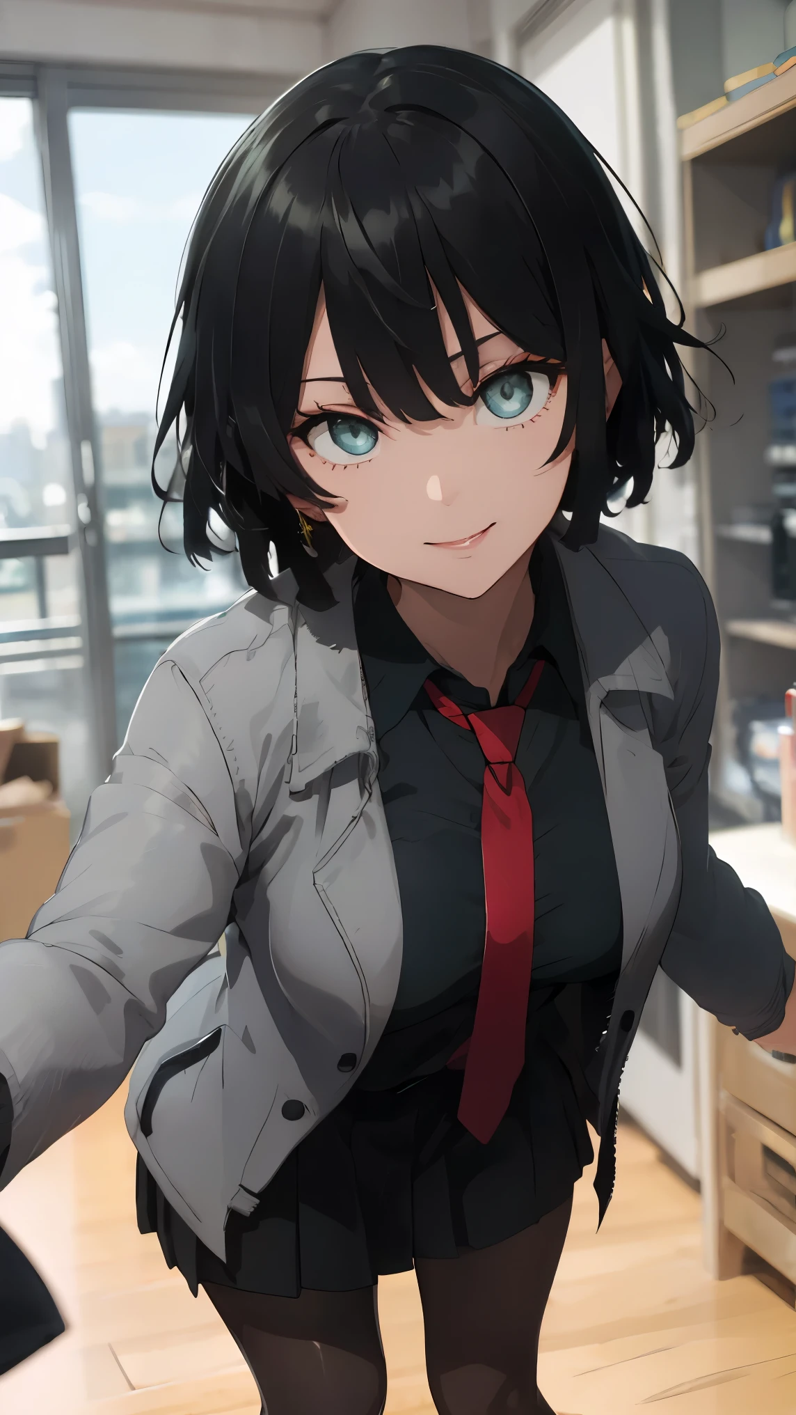 female with green fringe style bob haircut, 
BREAK ((grey jacket, jacket, pantyhose, , u.a. , necktie, red necktie, shirt, white shirt, collared shirt:1.5)) 
BREAK indoors, standing, looking at viewer, smile, dynamic pose,
BREAK (masterpiece:1.2), best quality, high resolution, unity 8k wallpaper, (illustration:0.8), (beautiful detailed eyes:1.6), extremely detailed face, perfect lighting, extremely detailed CG, (perfect hands, perfect anatomy),
