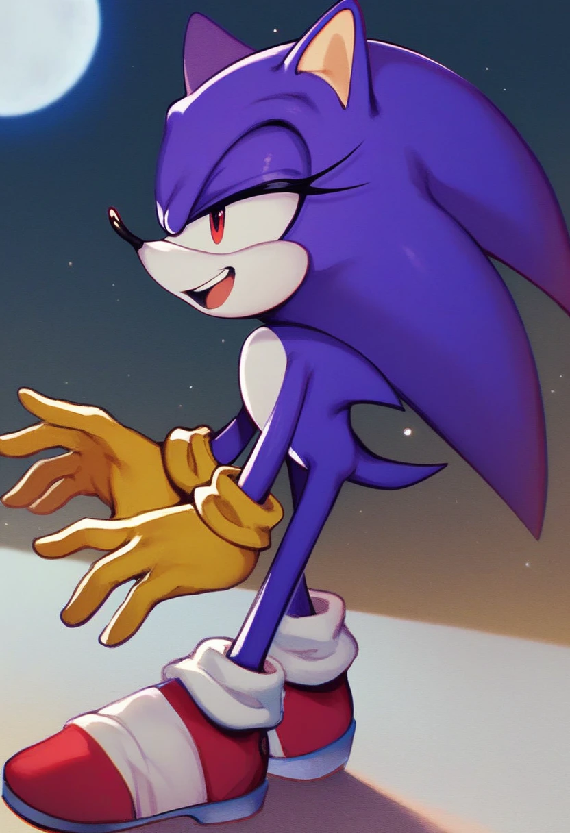 needlemouse, solo, smile, open mouth, completely black mouth 1girl, female focus, sky, no humans, night, moon, furry female, flat color, sonic the hedgehog, two-tone fur, no outlines, yellow gloves, source, purple fur, white skin, completely black eyes, red pupils, blue-ish purple fur, full body, red shoes, no iris