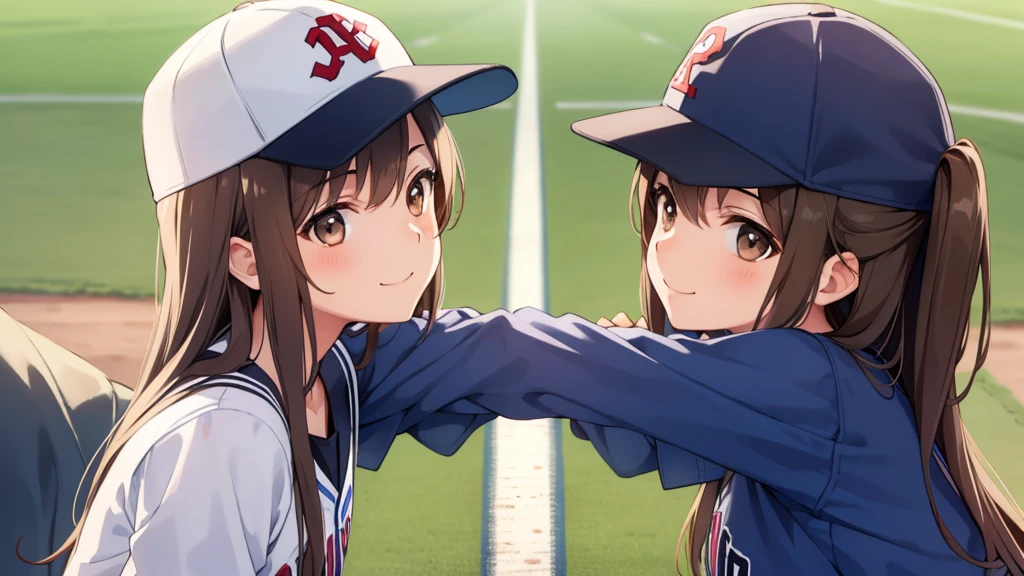 Boys and Girls,Looking at each other,Embrace,smile,blue sky,high school student,Wear a baseball cap,Brown Hair,Soft Light,Brown eyes,瞳にSoft Light,cute,2 people,uniform,At the baseball field