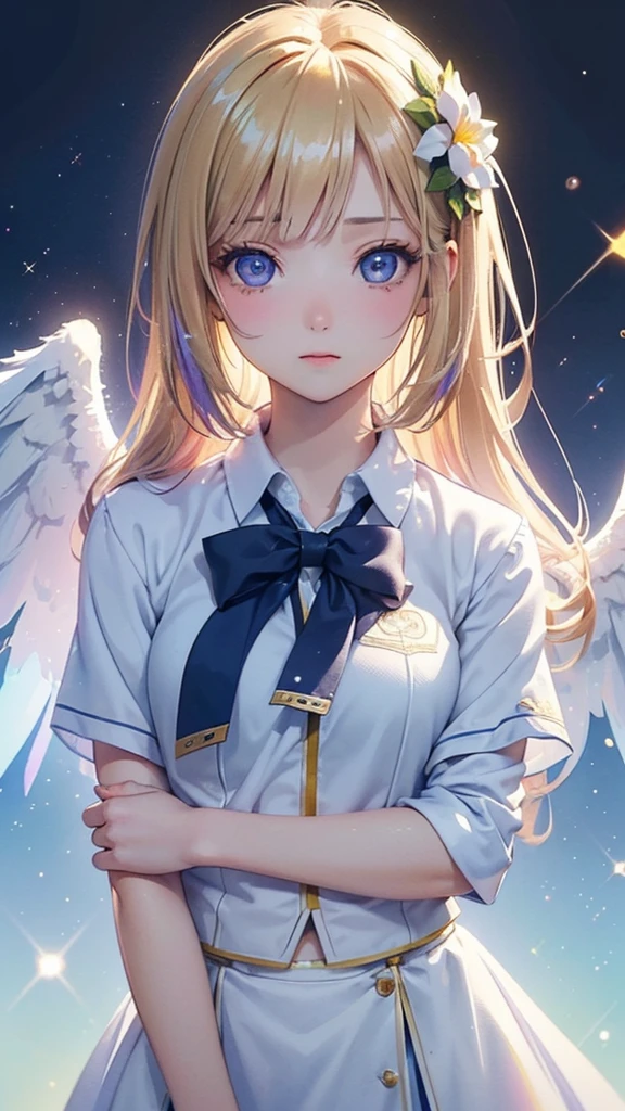 Soft Focus , (Bright gradient watercolor :1.5, Lens Flare:1.5 , Glitter :1.5), Glow , Dreamy , White background、Grid illusion, Colorful, girl、((extremely detailed eye:1.5)),((Face Zoom:1.5)),((Face Focus:1.5)),(((masterpiece、top-quality、top-quality、watercolor paiting)))(Curly)、Official art、Beautifully Aesthetic:1.2)、eye glass:1.5、(4girl:1.5)、(Fractal Art:1.3)、The upper part of the body、colourfull、((Ultra-detailed retina:1.5))、embarrassed from、(Midriff)、Violet eyes, Bangs, ((Super Detail Eyes:1.5))、(blonde hair, ponytail hairstyles)、((the Extremely Detailed CG Unity 8K Wallpaperasterpiece、top-quality))、((ultra-detailliert:1.2))、(The best lighting、Best Shadows、extremely delicate and beautiful)、(the Extremely Detailed CG Unity 8K Wallpaperasterpiece、best qualtiy、ultra-detailliert)、(The best lighting、Best Shadows、extremely delicate and beautiful)、(the perfect body:1.5)、((Wow Writing High School Uniforms:1.5)),{{{{Dazzling brilliance}}}}、Rainbow Bridge、(masutepiece:1.2), Best Quality, (Illustration:1.2), (Ultra-detailed), hyperdetails, (delicate detailed), (Intricate details), (Cinematic Light, best quality backlight), solo women, Perfect body, (4girl), (Best Illumination, extremely delicate and beautiful), Cinematic Light、【emblem:Irridescent color 】、Blue sky with white angel wings proportional to body、Sunnyday