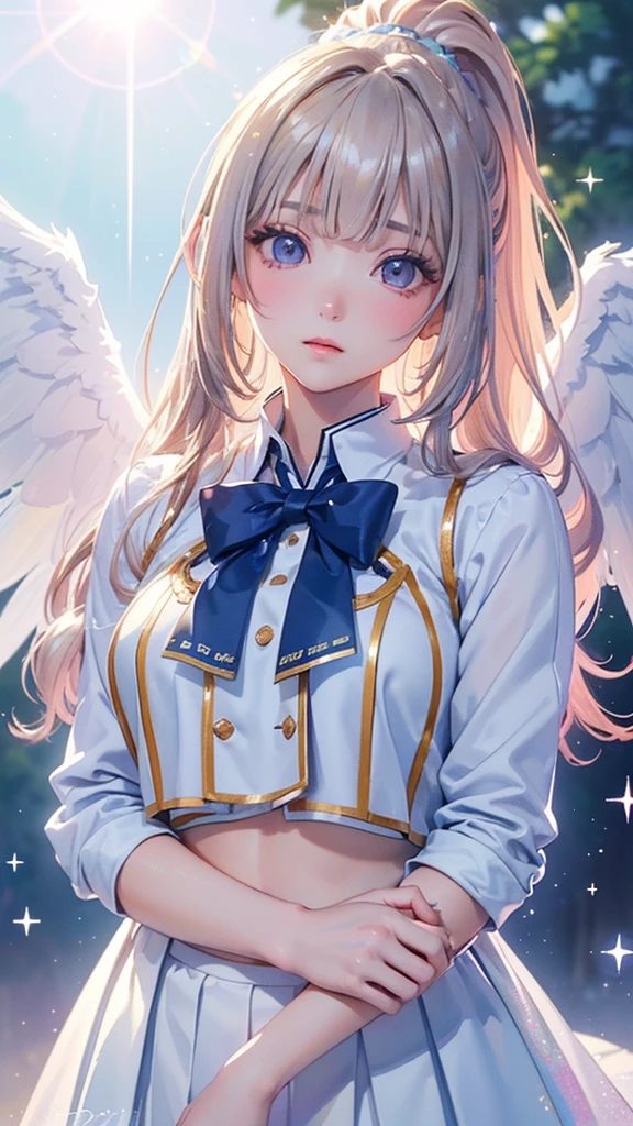 Soft Focus , (Bright gradient watercolor :1.5, Lens Flare:1.5 , Glitter :1.5), Glow , Dreamy , White background、Grid illusion, Colorful, girl、((extremely detailed eye:1.5)),((Face Zoom:1.5)),((Face Focus:1.5)),(((masterpiece、top-quality、top-quality、watercolor paiting)))(Curly)、Official art、Beautifully Aesthetic:1.2)、eye glass:1.5、(4girl:1.5)、(Fractal Art:1.3)、The upper part of the body、colourfull、((Ultra-detailed retina:1.5))、embarrassed from、(Midriff)、Violet eyes, Bangs, ((Super Detail Eyes:1.5))、(blonde hair, ponytail hairstyles)、((the Extremely Detailed CG Unity 8K Wallpaperasterpiece、top-quality))、((ultra-detailliert:1.2))、(The best lighting、Best Shadows、extremely delicate and beautiful)、(the Extremely Detailed CG Unity 8K Wallpaperasterpiece、best qualtiy、ultra-detailliert)、(The best lighting、Best Shadows、extremely delicate and beautiful)、(the perfect body:1.5)、((Wow Writing High School Uniforms:1.5)),{{{{Dazzling brilliance}}}}、Rainbow Bridge、(masutepiece:1.2), Best Quality, (Illustration:1.2), (Ultra-detailed), hyperdetails, (delicate detailed), (Intricate details), (Cinematic Light, best quality backlight), solo women, Perfect body, (4girl), (Best Illumination, extremely delicate and beautiful), Cinematic Light、【emblem:Irridescent color 】、Blue sky with white angel wings proportional to body、Sunnyday