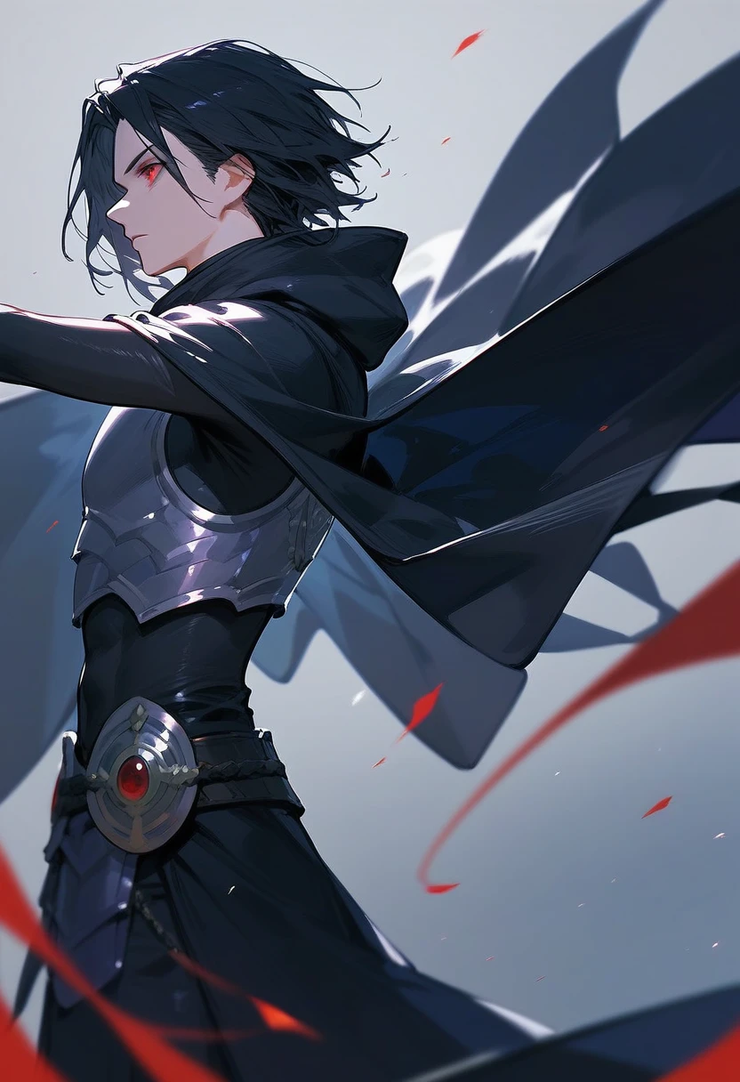 Man in black cloak, cloak fluttering, side view, red eyes, black raven armor, black hair, raven mask 