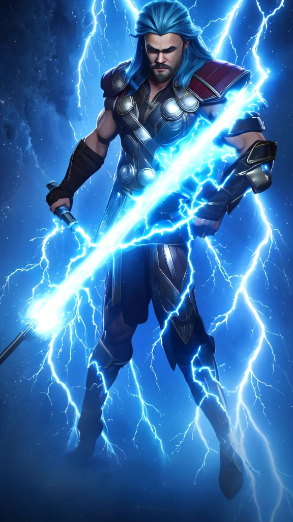 (Thor): "Generate a high-detail image of Thor, the Norse God of Thunder, with striking blue eyes that crackle with electricity. He possesses long, flowing hair that adds to his majestic appearance. His physique is extremely muscular and imposing, radiating an aura of power. His body is surrounded by swirling lightning, and he holds the mythical Mjölnir, his enchanted hammer, ready to unleash its thunderous might.", sexypirate (perfect face), (perfect eyes and lips), (perfect mascular body Armour), lightning background, photographic cinematic super super high detailed super realistic image, 4k Ultra HDR high quality image, masterpiece, , perfecteyes, ,perfecteyes,lightning farron