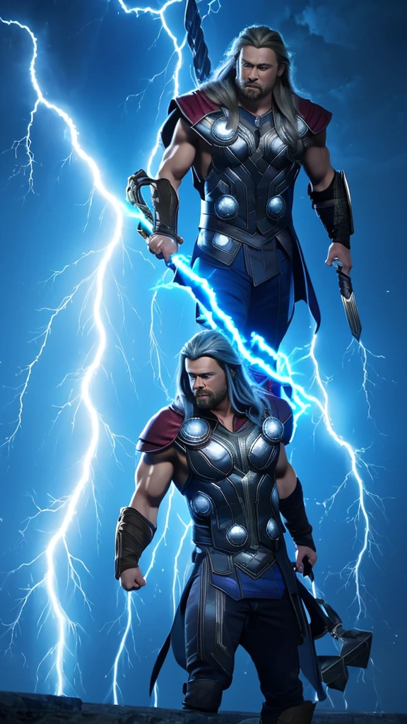 (Thor): "Generate a high-detail image of Thor, the Norse God of Thunder, with striking blue eyes that crackle with electricity. He possesses long, flowing hair that adds to his majestic appearance. His physique is extremely muscular and imposing, radiating an aura of power. His body is surrounded by swirling lightning, and he holds the mythical Mjölnir, his enchanted hammer, ready to unleash its thunderous might.", sexypirate (perfect face), (perfect eyes and lips), (perfect mascular body Armour), lightning background, photographic cinematic super super high detailed super realistic image, 4k Ultra HDR high quality image, masterpiece, , perfecteyes, ,perfecteyes,lightning farron