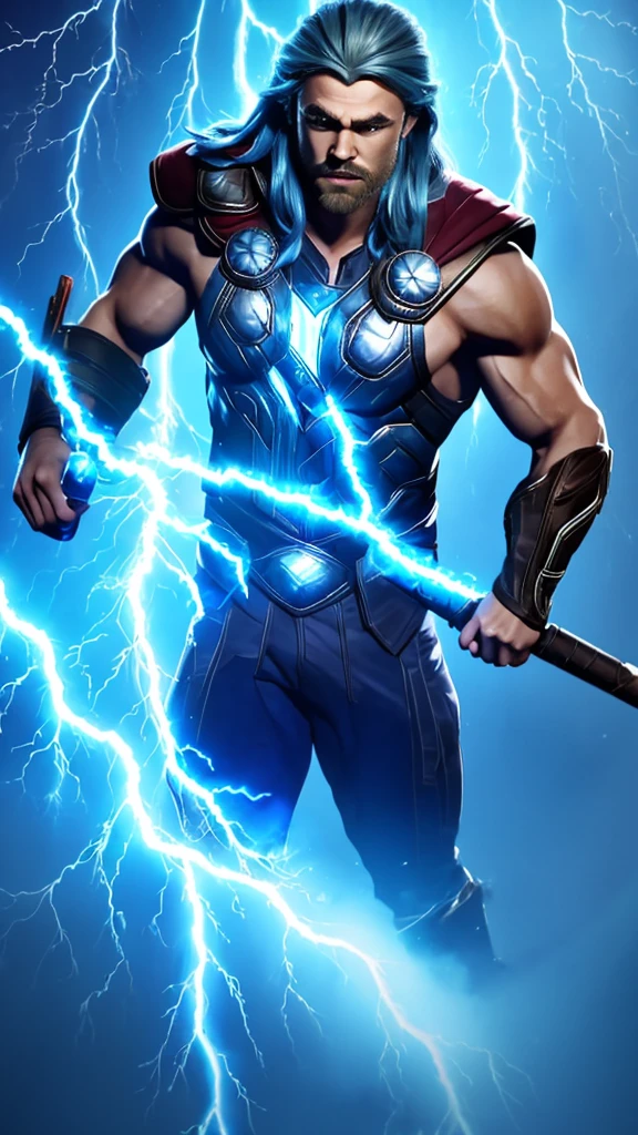 (Thor): "Generate a high-detail image of Thor, the Norse God of Thunder, with striking blue eyes that crackle with electricity. He possesses long, flowing hair that adds to his majestic appearance. His physique is extremely muscular and imposing, radiating an aura of power. His body is surrounded by swirling lightning, and he holds the mythical Mjölnir, his enchanted hammer, ready to unleash its thunderous might.", sexypirate (perfect face), (perfect eyes and lips), (perfect mascular body Armour), lightning background, photographic cinematic super super high detailed super realistic image, 4k Ultra HDR high quality image, masterpiece, , perfecteyes, ,perfecteyes,lightning farron