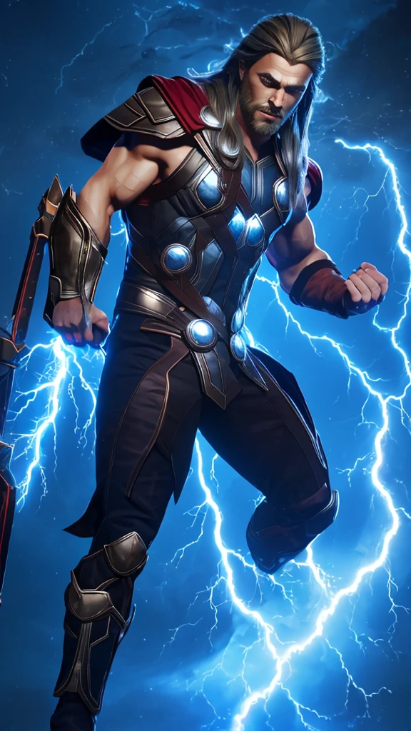 (Thor): "Generate a high-detail image of Thor, the Norse God of Thunder, with striking blue eyes that crackle with electricity. He possesses long, flowing hair that adds to his majestic appearance. His physique is extremely muscular and imposing, radiating an aura of power. His body is surrounded by swirling lightning, and he holds the mythical Mjölnir, his enchanted hammer, ready to unleash its thunderous might.", sexypirate (perfect face), (perfect eyes and lips), (perfect mascular body Armour), lightning background, photographic cinematic super super high detailed super realistic image, 4k Ultra HDR high quality image, masterpiece, , perfecteyes, ,perfecteyes,lightning farron