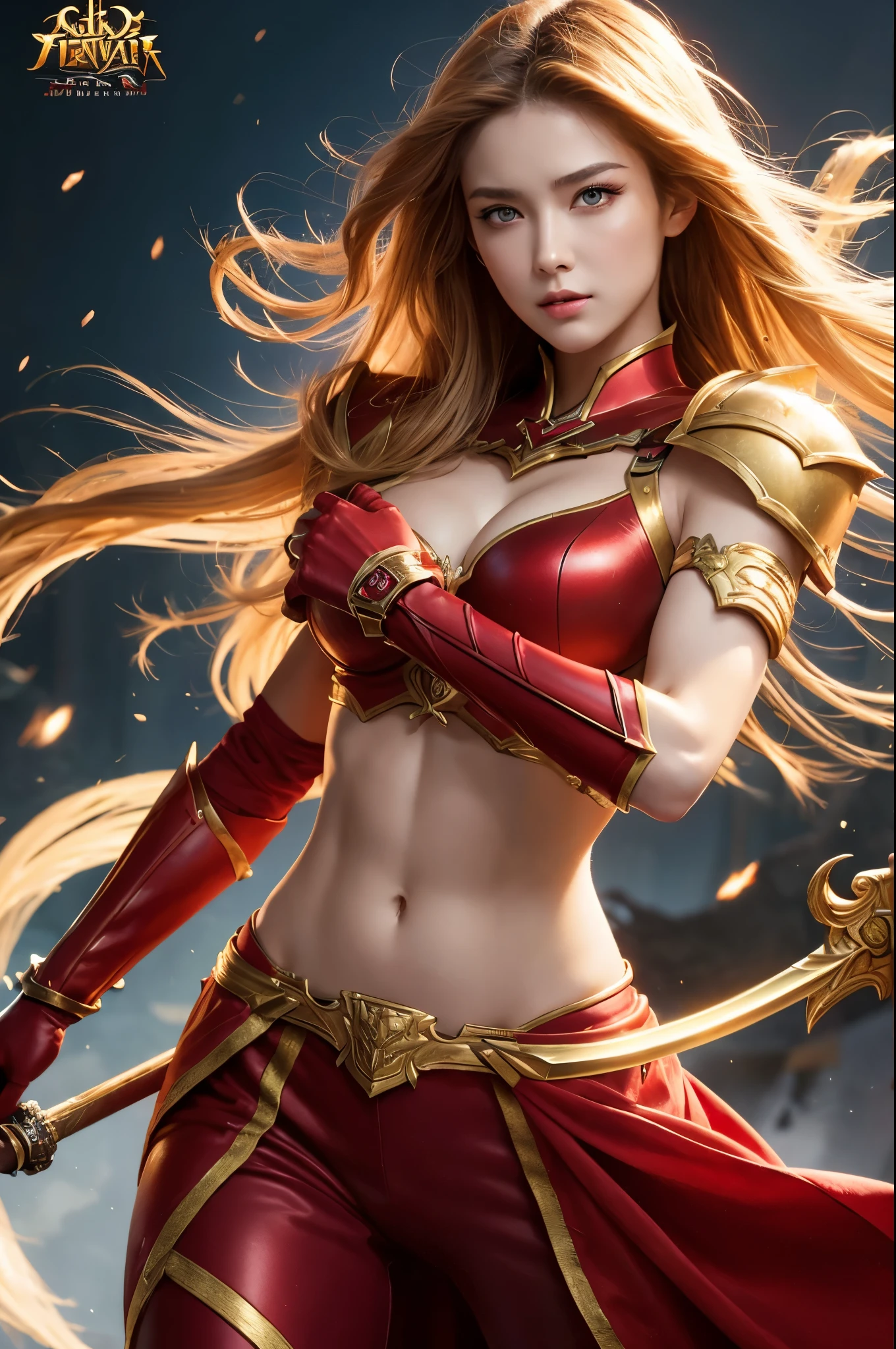 8K,Close-up of a French goddess holding a sacred sword, Gorgeous large chest armor, sexy超美人(Like the real thing)Goddess of War,Slender body,Muscular Beauty,Muscular woman,Sharp Eyes,He has a big and gorgeous holy sword.,Beautiful long red hair,Very strong and six-pack,sexy,Highly detailed artwork, Alexandra Fomina Art Station, 2. 5d cgi anime Fantasy artwork, Woman in red armor, Armor Girl, Fan Art Best Art Station, Amazing character art, Kschat Krentz Key Art Feminine, Ultra-high resolution,Luxury Red Large Mist Chest Armor,Luxury red combat pants,gorgeous red gauntlet,Luxury red shoulder pad,luxurious red waist armor,Fantasy art,Extremely strong and defined abs,Slim, muscular legs,Very large breasts,Fighting Pose,Dynamic pose with sword,shout,anger,anger,Golden Hair Ornament,French female goddess,Golden Eyes,Makeup,
