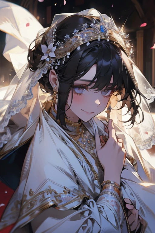 Wedding scene，Bride in a white wedding dress，Smiling slightly，Perfect face，Black Hair，Perfect face