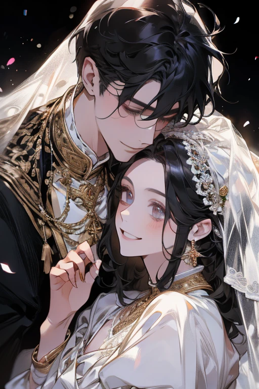 Wedding scene,Bride in a white wedding dress,Smiling slightly,Perfect face,Black Hair,Perfect face