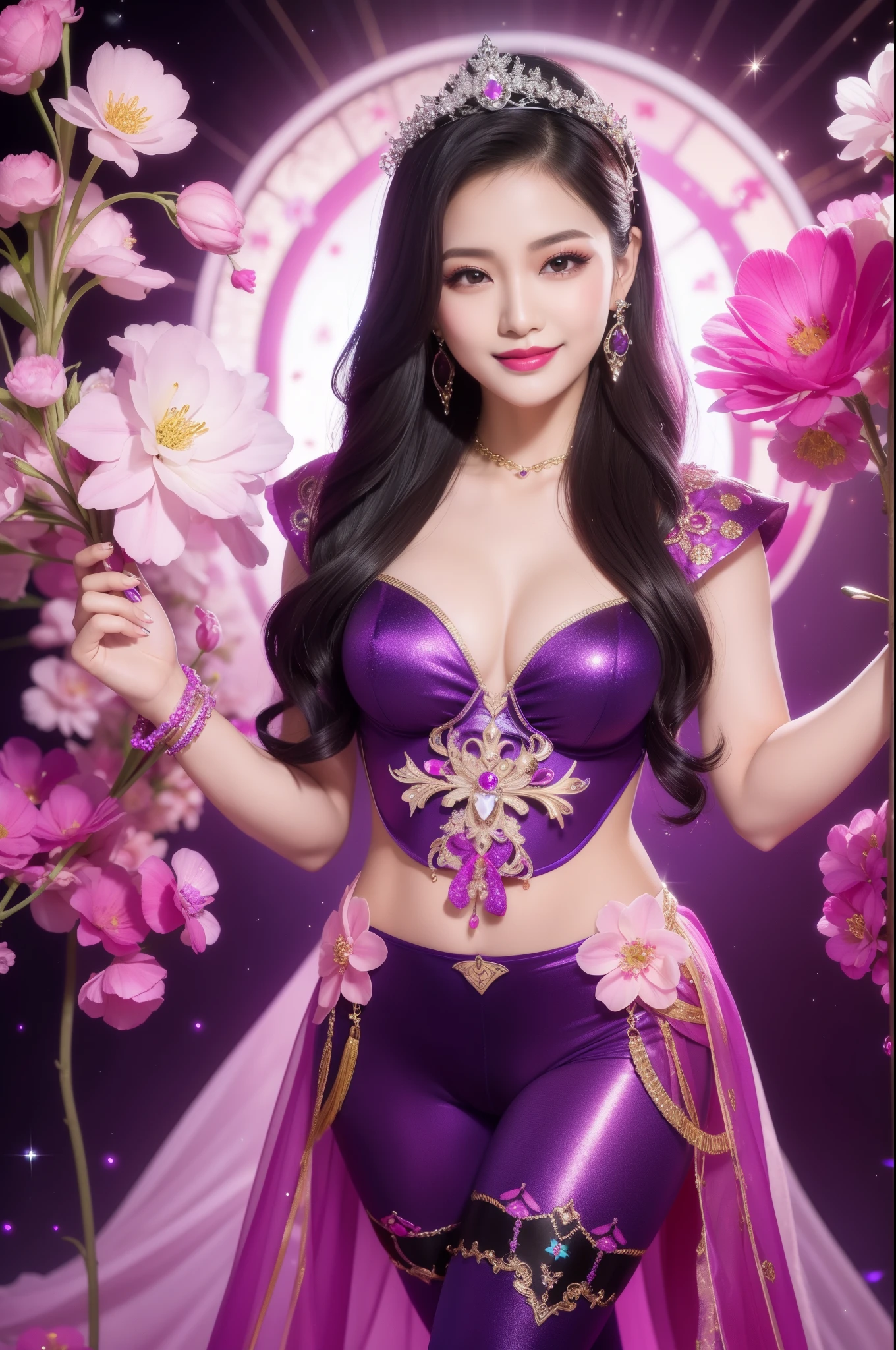 sexy Thai model who controls poison、beautiful smile、lip-gloss、bold lipstick、intense makeup、look at the camera、full body Esbian、、sparkling poisoned flower costume、、、、sparkling Colorful hair、secrete poison、skull hair accessories、sexy tights、shiny sparkling flowers background
