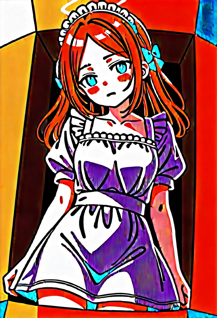 score_9,score_8_up,score_7_up,source_anime,cowboy shot,Idealized Forms,Natural Light,details background,blurry background,extremely detailed,anime anime girl laying in a cardboard box with bow and dress, 1girl, solo, long hair, forehead, apron, bow, halo, red hair, short sleeves, cardboard box, blush, shirt, box, blue eyes, maid, white shirt, puffy sleeves, hair bow, frills, closed mouth, looking at viewer