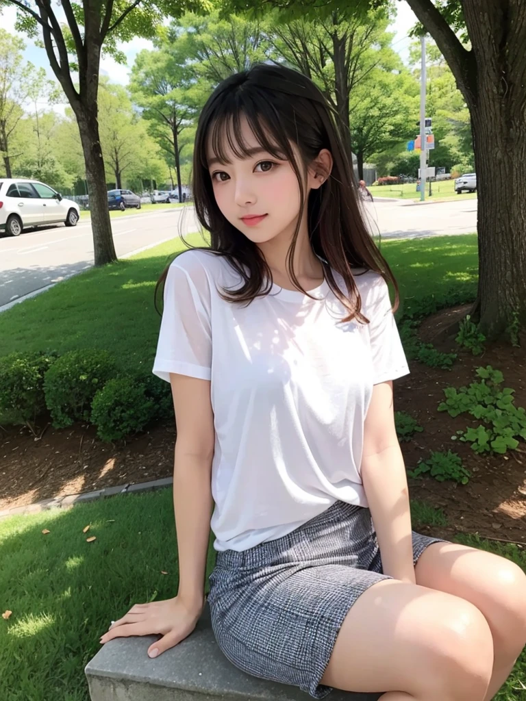 Highest quality、beautiful girl、Sitting、mile,from below