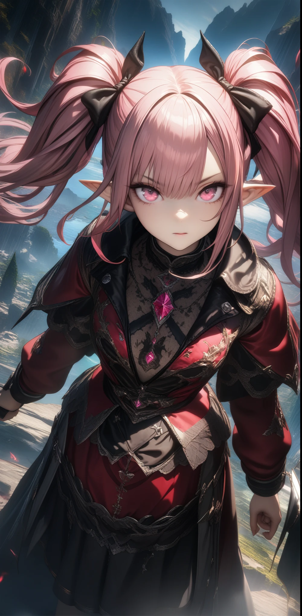 ((32k)), ((best quality)), ((ultra high res)), ((HDR)), ((UHD)), ((extremely detailed CG)), ((unity 32k wallpaper)), (8K, Highest image quality, highest quality, masterpiece), detailed face, 1 girl, pink hair, ((twintails)), pink eyes, Pointed ears, devil's horns, evil smile, grin, blush, Steam, ((big)), white shirt, ((button removed)), cleavage, ((pink lace bra)), black pleated skirt, ((bend your knees and open your legs)), ((pink panties)), white socks, sit on bed, bedroom background,