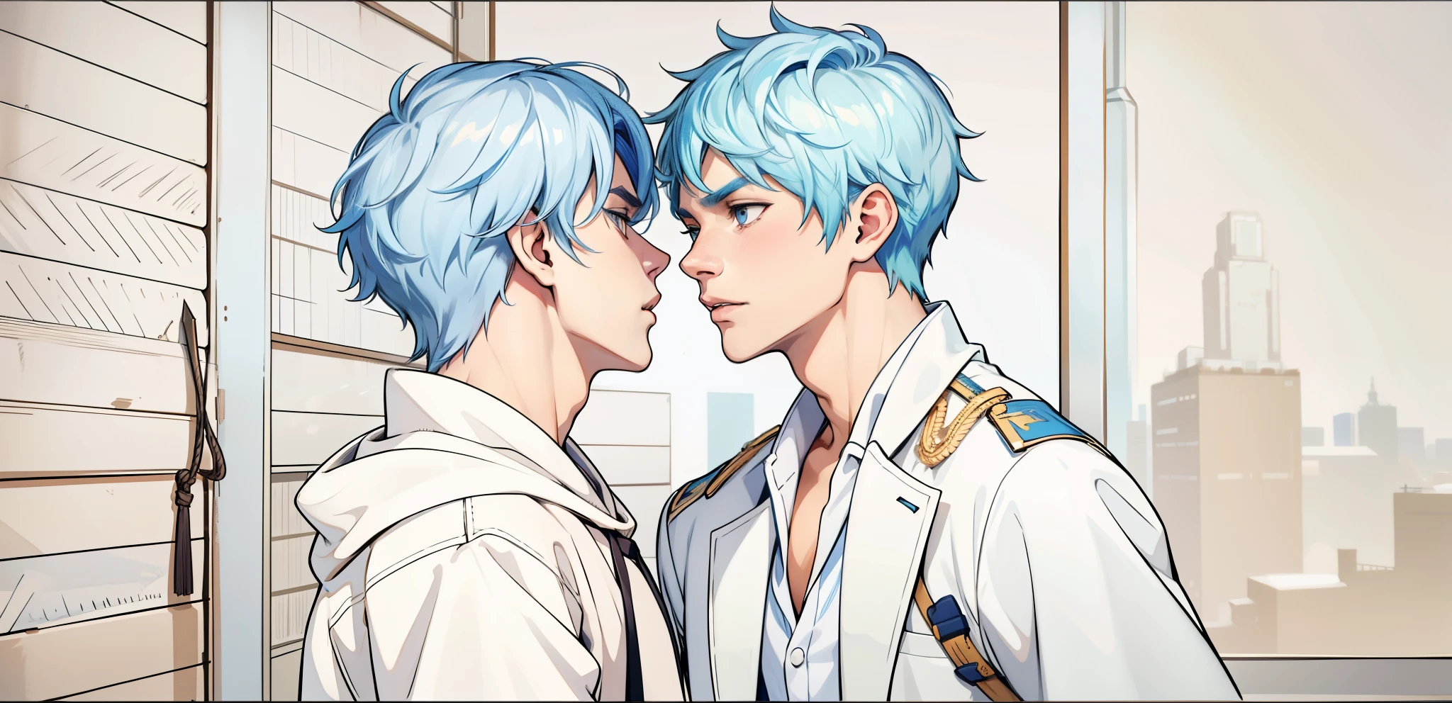 two young men, one of them threatens the other, he is intimidating him, he has blue hair