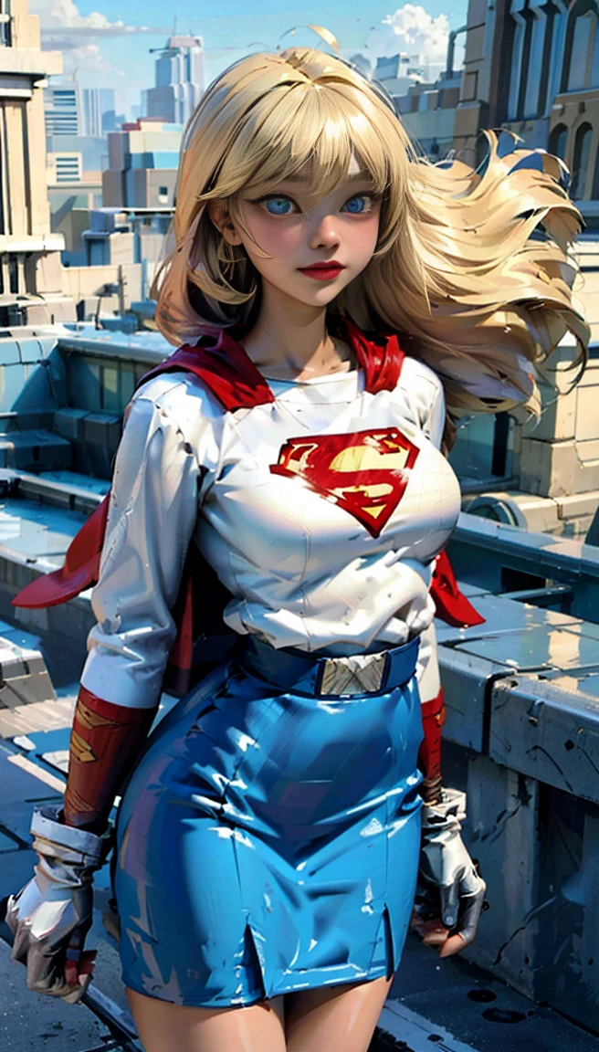 (cowboy shot), sfw, (work of art), (best qualityer:1.0), (ultra high resolution:1.0), detailedeyes, BREAK Supergirl, 1 girl, long blonde hair, mid-air, flying hair band, \(offwhite\) top cut, manga curta, layer, blue pencil skirt, mitts, BREAK boots (clouds, citys, stunning vista)