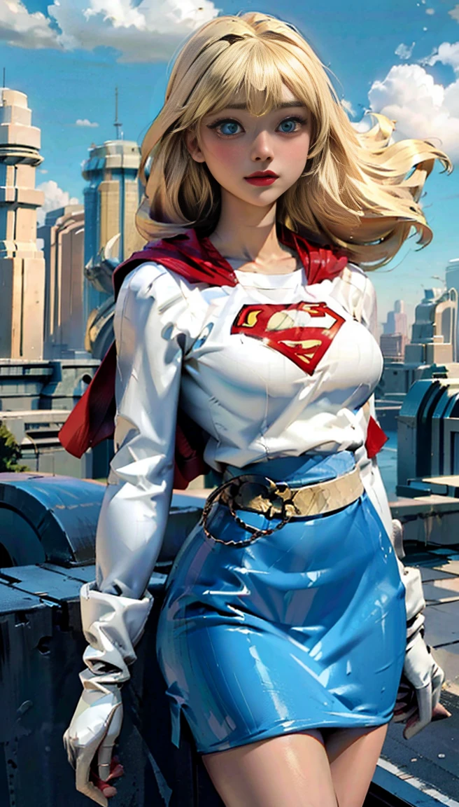 (cowboy shot), sfw, (work of art), (best qualityer:1.0), (ultra high resolution:1.0), detailedeyes, BREAK Supergirl, 1 girl, long blonde hair, mid-air, flying hair band, \(offwhite\) top cut, manga curta, layer, blue pencil skirt, mitts, BREAK boots (clouds, citys, stunning vista)