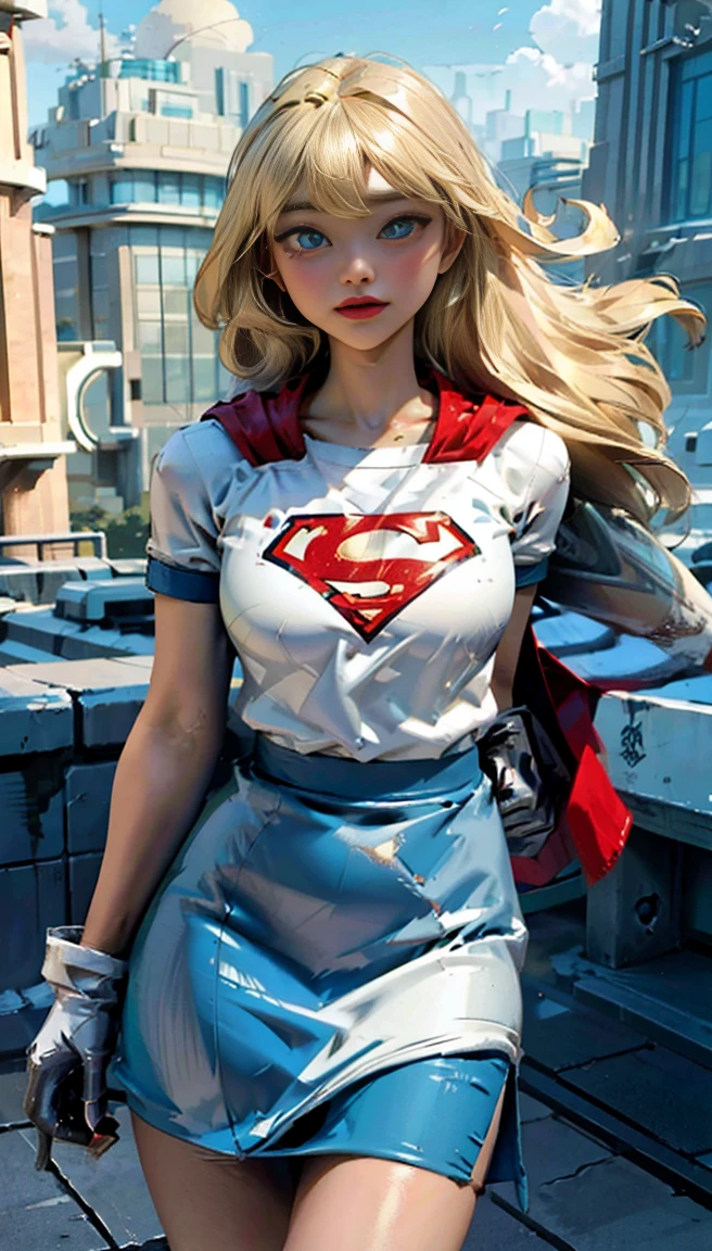 (cowboy shot), sfw, (work of art), (best qualityer:1.0), (ultra high resolution:1.0), detailedeyes, BREAK Supergirl, 1 girl, long blonde hair, mid-air, flying hair band, \(offwhite\) top cut, manga curta, layer, blue pencil skirt, mitts, BREAK boots (clouds, citys, stunning vista)